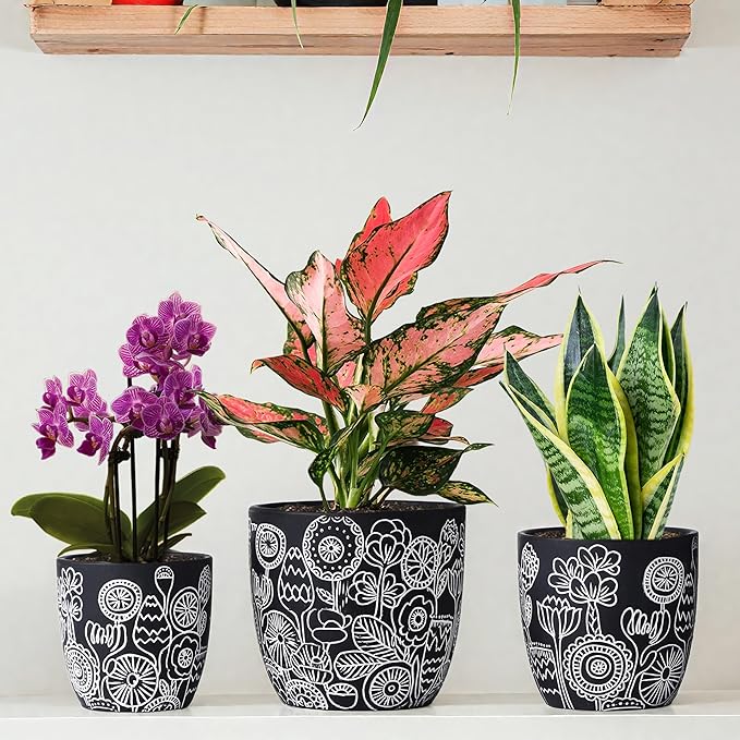 Terracotta Pots, 6.5+5+4.4 Inch Plant Pots with Drainage Hole- Floral Pattern, Black Boho Ceramic Planters for Indoor Plants, Flower Pots Indoor Succulents, Herbs Plants,Set of 3