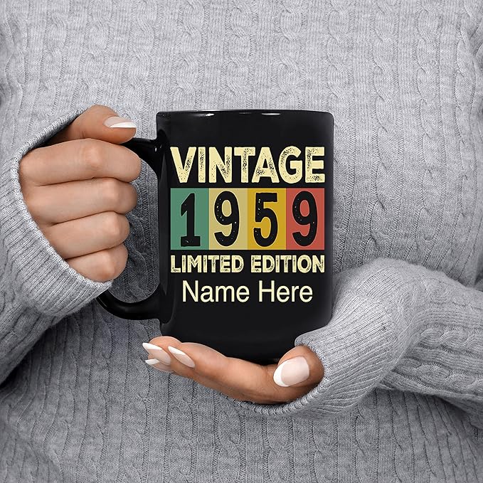 PREZZY Vintage 1959 Limited Edition 64th Birthday Decorations Personalized Gifts for Women Men Mothers Day Fathers Day Gift 64 Year Old Birthday Mug Customized Name Ceramic Black Tea Cup 11oz 15oz