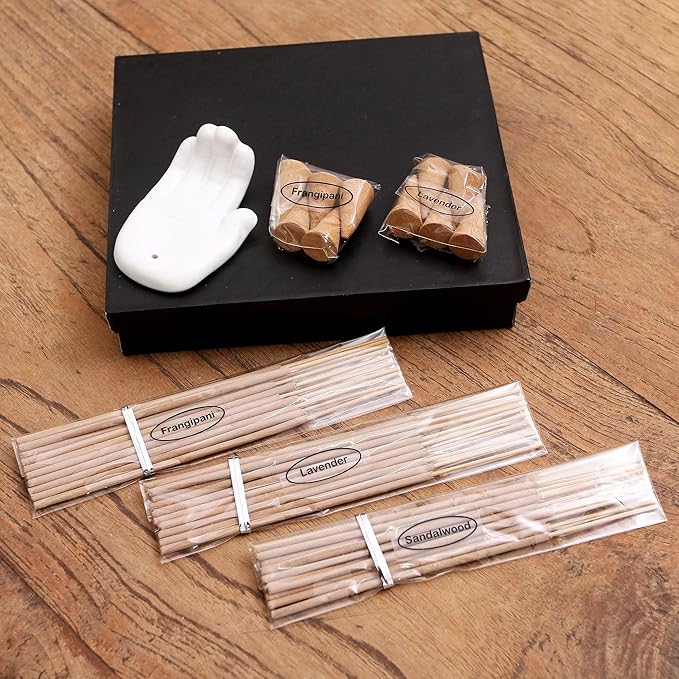 NOVICA Artisan Handmade Ceramic Incense Set Lavender Frangipani Brown White Indonesia Lamps Lighting Oil Burners 'White Palm'