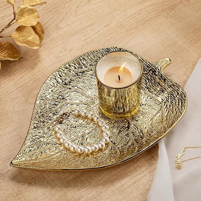Oversized Leaf-Shaped Ceramic Jewelry Tray, 12.6" Large Decorative Tray Gold Vanity Trays for Rings, Necklaces, Keys, Gifts for Mom, Coffee Table Decor, Entryway Table Trays, 1 Pack
