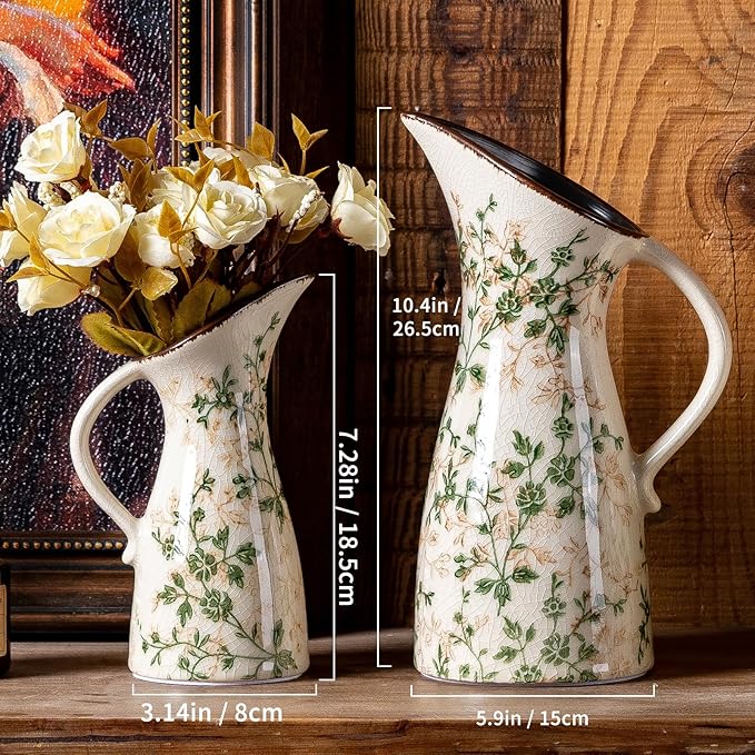 Green and Beige Pitcher Vase, Handcrafted Pastoral Ceramic Floral Vase, Vintage Farmhouse Flower Vase for Home Decor, Chinoiserie Tuscan Cottage Core Decor, Rustic Table Centerpiece 7.3 in