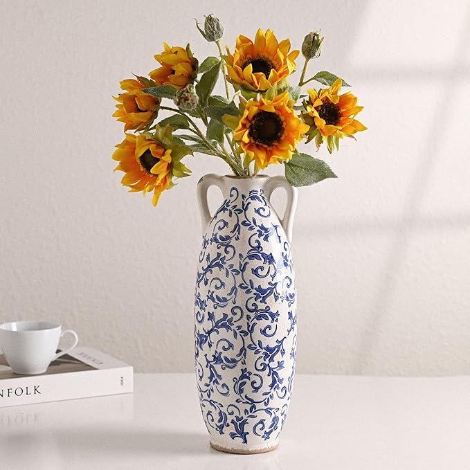 VICTOR & TERESA Blue and White Floor Vase for Pampas Grass, 14'' Tall Vase for Home Decor, Ceramic Farmhouse Decorative Large Vases for Flower, Mantel, Living Room, Shelf, Centerpieces, Gift for Her