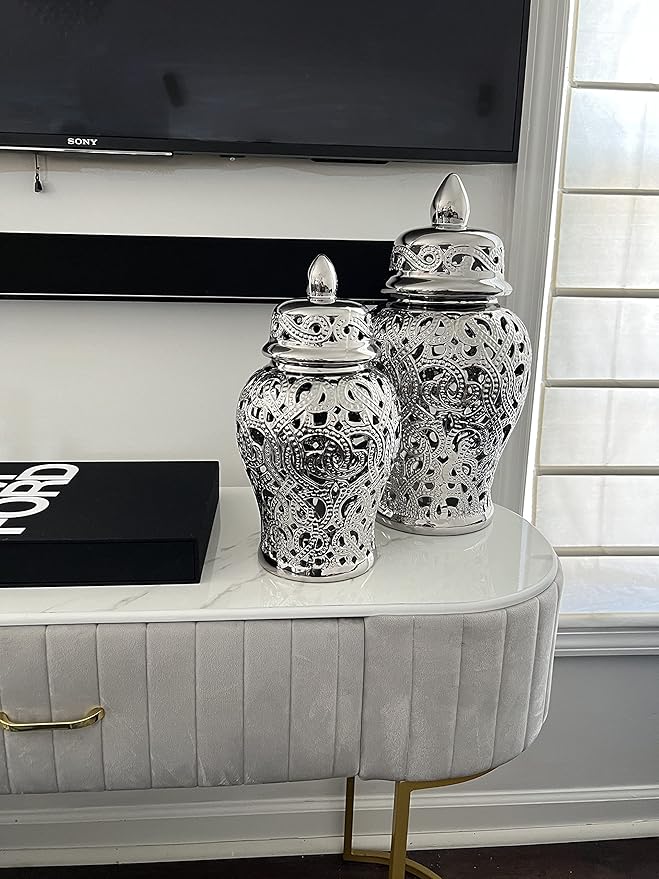 Noori Home - 100% Modern Glam Artisan Ceramic PARKER Medium Silver Ginger Jar Urns with Lid 9.25x9.25x18