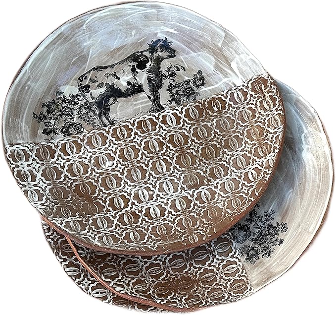 Ceramic White Brown Animal Dinner Plate Set of 4, Handmade Artisan Tableware, Farmhouse Dinnerware Gift for Women, Men, Couples on Wedding Housewarming Birthday Xmas