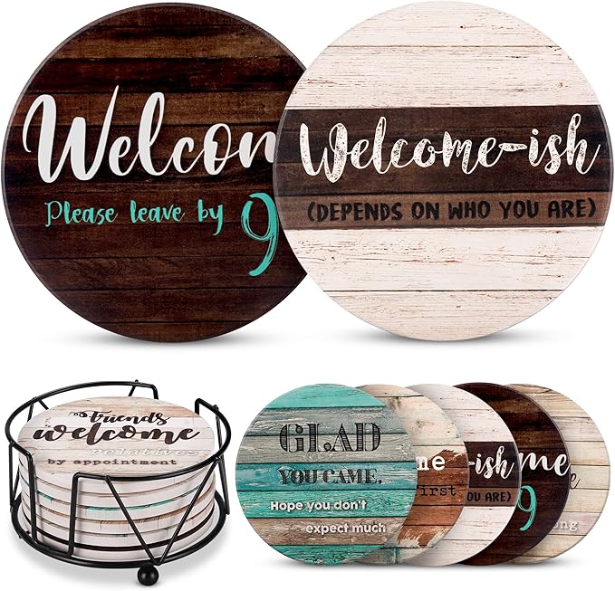 Funny Coasters - House Warming Gifts New Home - Housewarming Gifts for Women, Men, Couple, New Homeowner - Farmhouse Bar Coasters for Drinks with Holder - First Apartment Essentials
