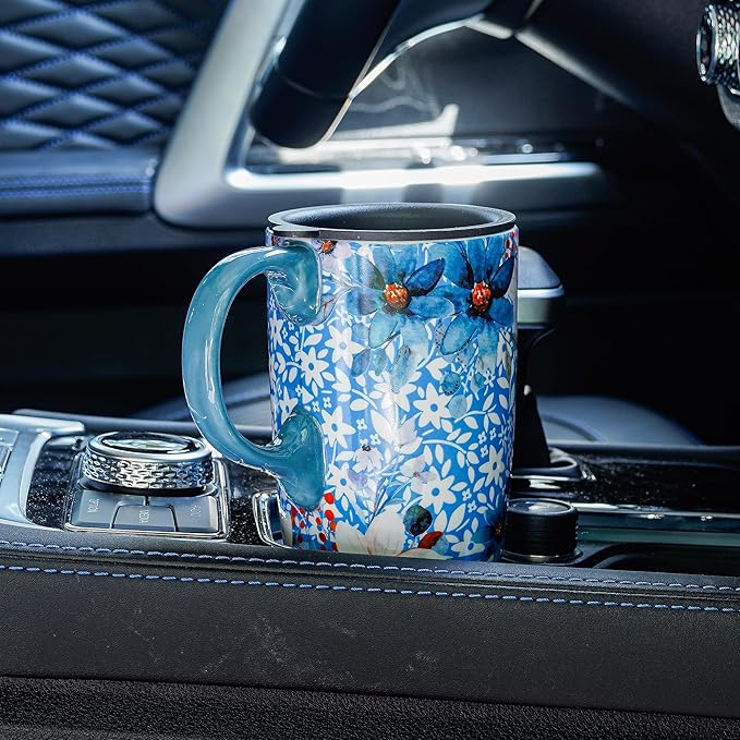 DUSVALLY Ceramic Tall Coffee Mug, Friends Coffee Cup Gift Set, Travel Mug with Lid for Office and Home, Unique Gifts for Women and Man, Flower Mug, Color Box, 17oz Large Cup, Blue