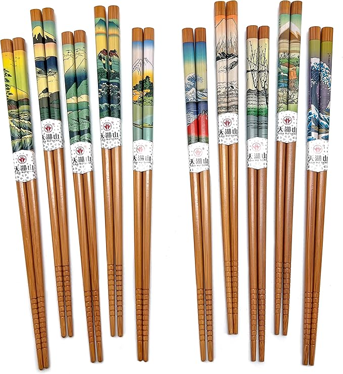 10 Pairs Reusable Bamboo Chopsticks, Edo period Landscape Pattern Natural Bamboo Wood Chopsticks, 8.8Inch/22.5cm Polybag packing by LANHUTHS