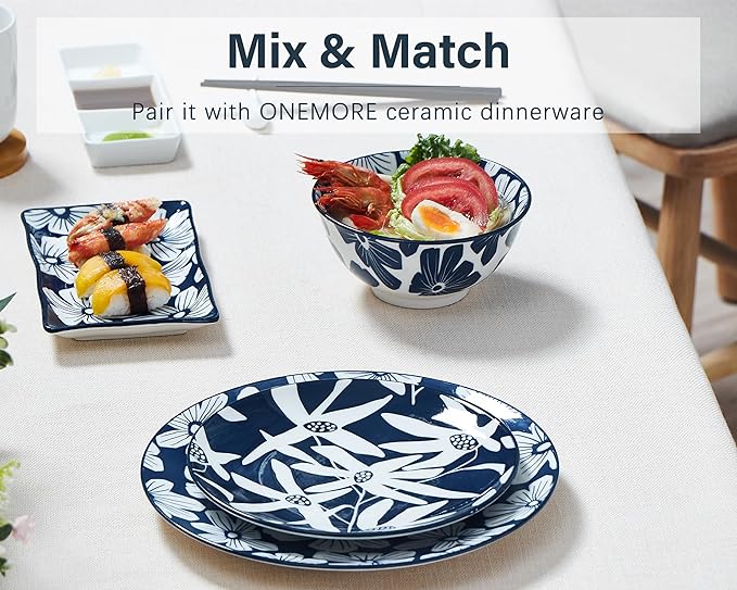 ONEMORE Dinner Plates Set of 4, 10.5 Inch Porcelain Plate, Blue and White Salad Dessert Plates, Microwave & Dishwasher Safe Scratch Resistant Large Serving Dish Plate