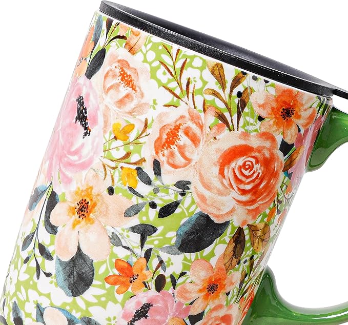 DUSVALLY Ceramic Tall Coffee Mug, Friends Coffee Cup Gift Set, Travel Mug with Lid for Office and Home, Unique Gifts for Women and Man, Flower Mug, Color Box, 17oz Large Cup, Green