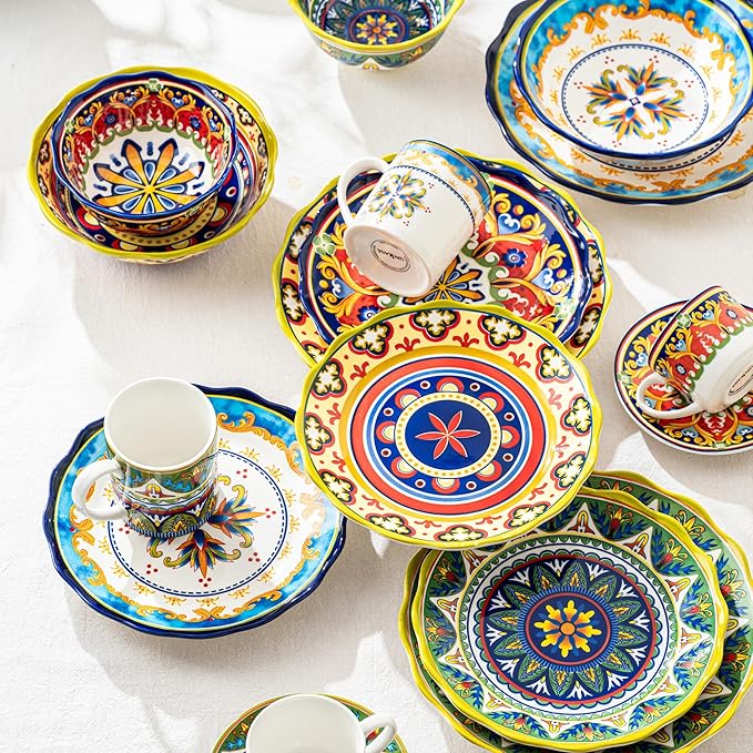 UNICASA Ceramic Dessert Plate Set of 4, 9 Inch Snack Plates with Scalloped Edges – Serving Dishes for Salad, Cake, Cheese, Vibrant Boho Decoration, Microwave & Dishwasher Safe