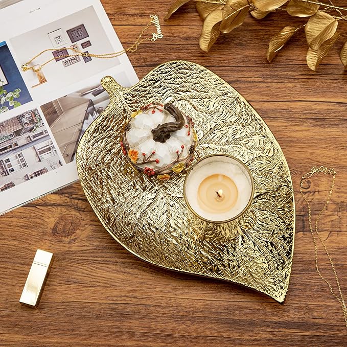 Oversized Leaf-Shaped Ceramic Jewelry Tray, 12.6" Large Decorative Tray Gold Vanity Trays for Rings, Necklaces, Keys, Gifts for Mom, Coffee Table Decor, Entryway Table Trays, 1 Pack