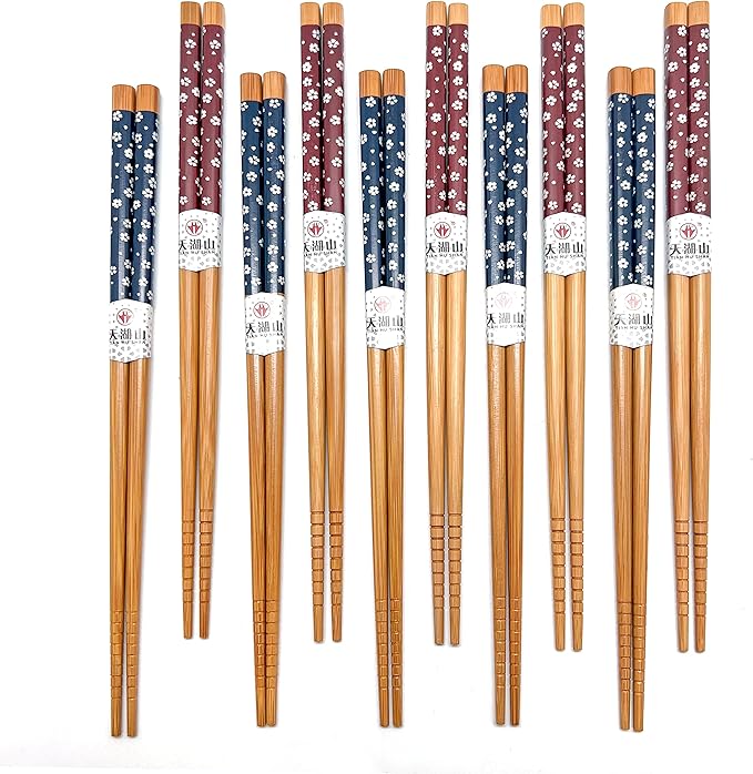 10 Pairs Reusable Bamboo Chopsticks, Falling Sakura Pattern Natural Bamboo Wood Chopsticks, 8.8Inch/22.5cm Polybag packing by LANHUTHS