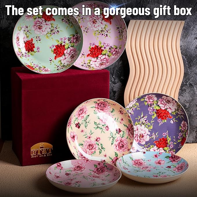 BTaT- Ceramic Floral Dessert Plates, Set of 6, 8 Inch, Assorted Colors with Golden Rim, Deep Porcelain Floral Plates with Gift Box, Dishwasher Safe