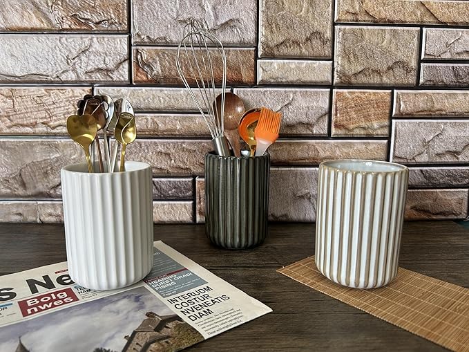 Stoneware Coffee Bar Utensil Holder Tea & Coffee Spoon & Stirrer Holder for Stir Stick Straw Teaspoon Holder Spoon Cup Small Utensil Jar Fluted Vertical Stripe (Retro White)