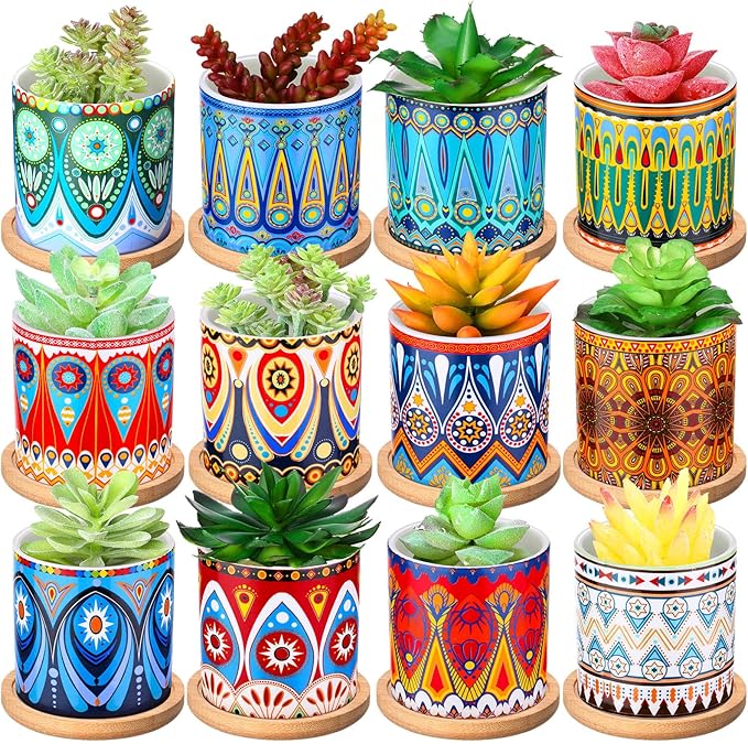 Zopeal 12 Pcs 3 Inch Mandala Ceramic Succulent Pots with Bamboo Trays, Small Indoor Cactus Planters with Drainage Holes for Desk, Windowsill and Home Decor