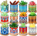 Zopeal 12 Pcs 3 Inch Mandala Ceramic Succulent Pots with Bamboo Trays, Small Indoor Cactus Planters with Drainage Holes for Desk, Windowsill and Home Decor