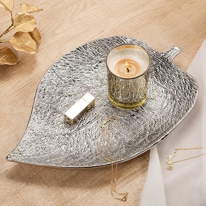 Oversized Leaf-Shaped Ceramic Jewelry Tray, 14.7" Extra Large Decorative Tray Silver Vanity Trays for Rings, Necklaces, Keys, Gifts for Mom, Coffee Table & Entryway Table Trays, 1 Pack