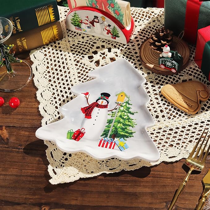 Joeyan Christmas Ceramic Dinner Plates,8.3" Xmas Tree Shaped Serving Plate Dishes with Festive Holiday Snowman Patterns,Dinnerware for Dessert Salad Appetizer,Microwave and Dishwasher Safe