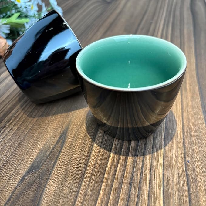 Ceramic Tea Cup, Black Exterior with Green Interior, Glossy Glaze Finish, Handleless Design, for Tea and Coffee