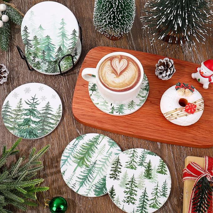Whaline 6 Pcs Christmas Coasters Cup Mat with Metal Holder Watercolor Cedar Pine Forest Ceramic Drink Coasters for Xmas Winter Holiday Party Home Kitchen Bar Table Decor