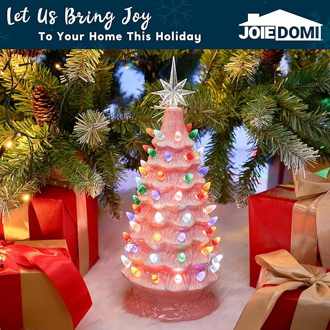 Joiedomi 15" Ceramic Christmas Tree, Table Top Christmas Decor with Star Topper, Vintage Pre-lit Xmas Tree with Multicolored LED Lights, Battery Operated Hand-Painted Xmas Decorations Indoor Home