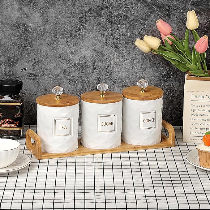 JUXYES Set of 3 Ceramic Canisters Set for Sugar Coffee Tea With Handle Tray, Luxurious Storage Containers Sets with Lids Decorative Storage Pots White Ceramic Storage Jar for Kitchen Dining Counter