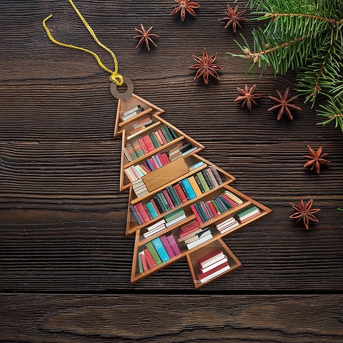 NGHYANA Wooden Christmas Tree Bookshelf Ornament 4 Inch Book Lover Holiday Decoration