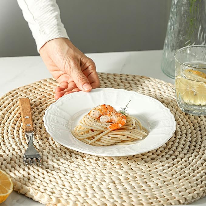 8 Pack Ceramic Dessert Plates Appetizer, 7.5 inch Small Round Dinner Plates, Embossed White Plates Salad Plate for Pancakes, Snacks Side Dish