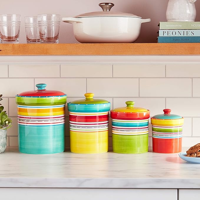 Mariachi 4-Piece Ceramic Kitchen Canister Set – Airtight Colorful Striped Storage Jars with Lids, 24 to 128 oz for Flour, Sugar, Coffee, Snacks & Pantry Organization, Fiesta-Inspired Décor