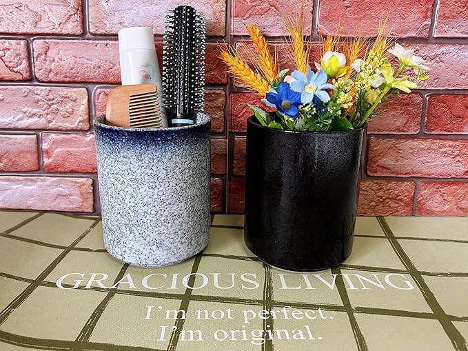 Short Kitchen Utensil Holder for Kitchen Counter, Ceramic Small Utensil Crock & Vase & Holder for Cutlery Spatula Brush Silverware Cooking Utensil Holder (Stone Blue)