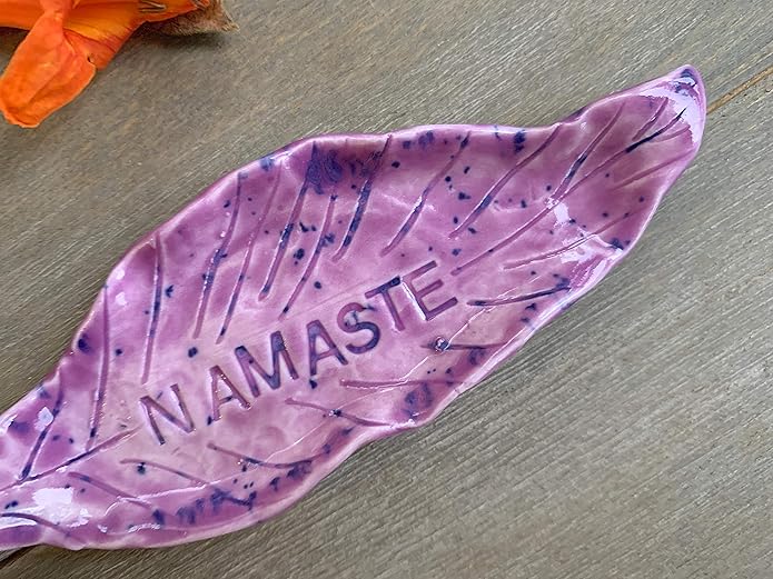 Purple Namaste Leaf Ring Dish, Handmade Ceramic Jewelry Plate, Inspirational Gifts for Her and Him -Stock Photo,Please Read Description