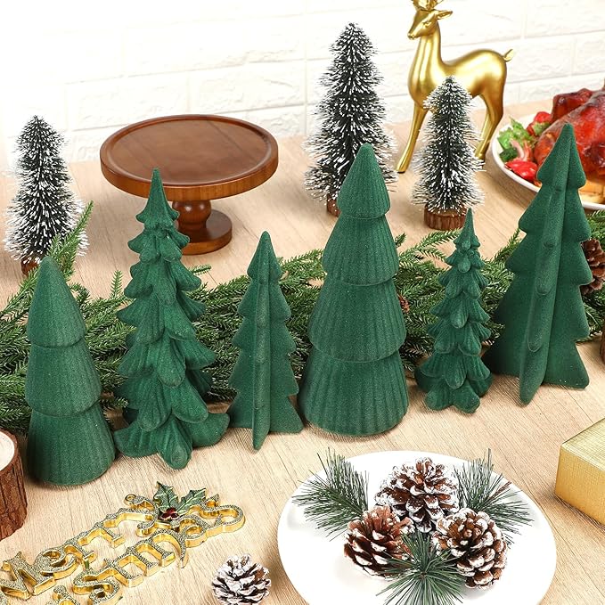 Wesiti 6 Pcs Velvet Ceramic Christmas Trees Figurines 9.84''7.49'' Large Modern Velvet Cones Tabletop Christmas Tree Figurine Green Centerpieces Table for Xmas Holiday Fireplace Farmhouse Decor