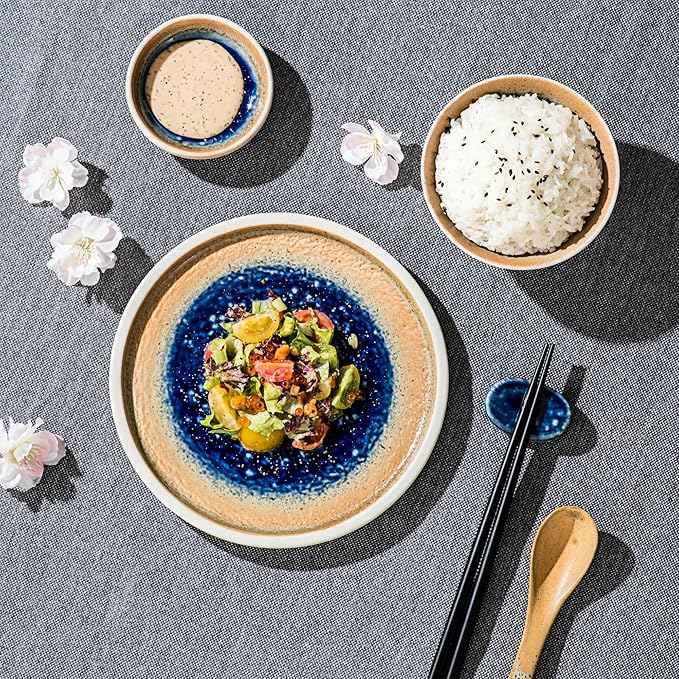UNICASA Sushi Dinnerware Set,7Pcs Japanese Style Sushi Plate Serving Set, Includes 8 Inch Round Plate, 4.5 Oz Dipping Bowl, 3 Oz Dip Bowl, Spoon, Chopsticks and Rest