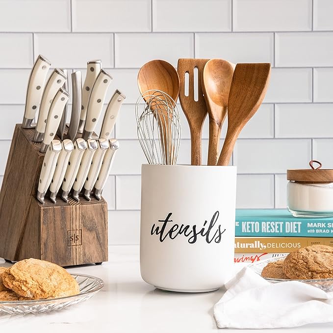 STYLED SETTINGS White Utensil Holder for Countertop - Rustic Farmhouse Organizer for Extra Large Utensils - Heavy and Durable Utensil Holder for Modern Farmhouse Decor and Kitchen Accessories