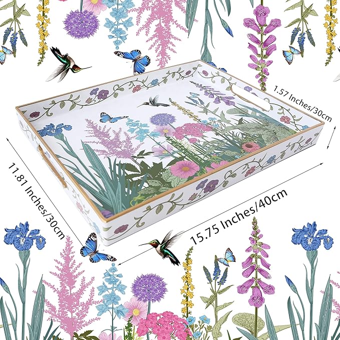 Serving Tray with Handles, Rectangular Plastic Tray 15.75x11.81 Inch, Wildflower, Butterflies & Hummingbirds Style Decorative Tray for Kitchen, Dining Table, Vanity, Office & Home