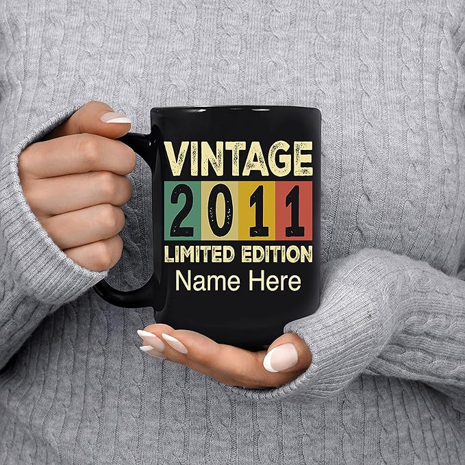 PREZZY Vintage 2011 Limited Edition 12nd Birthday Decorations Personalized Gifts for Women Men Mothers Day Fathers Day Gift 12 Year Old Birthday Mug Customized Name Ceramic Black Tea Cup 11oz 15oz