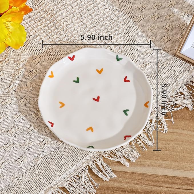 Koythin Ceramic Dessert Plates, Cute Fruits Dinner Plate, Creative Plates Design, Printed Flowers Dinnerware for Office and Home, Kitchen Plates for Desserts (Colorful Little Hearts)