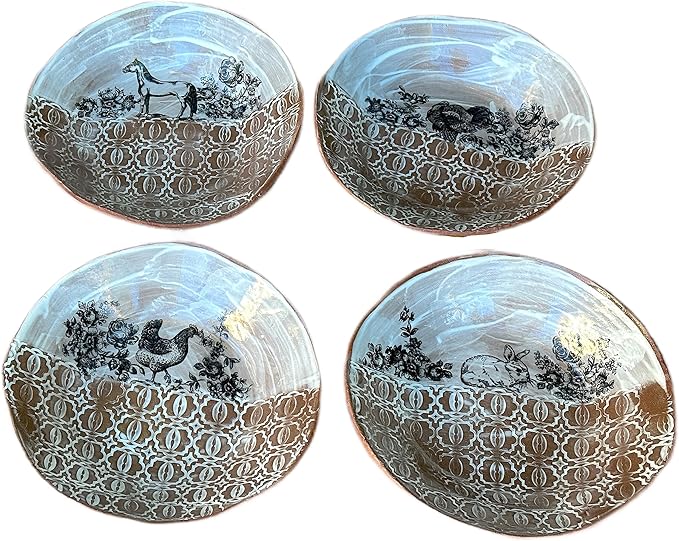 Ceramic White Brown Animal Pasta or Salad Plate Set of 4, Unique Handmade Pottery Tableware, Housewarming Gift for Women, Men, Couples