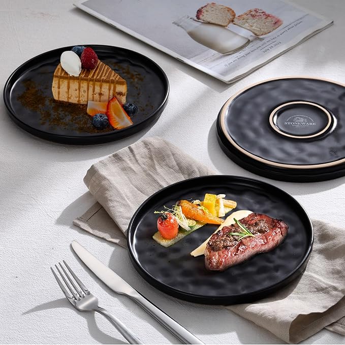 LIANYU Ceramic Dinner Plates Set for 4, 7.9In Porcelain Kitchen Salad Dessert Serving Dishes Set, Modern Round Stoneware Dinnerware Appetizer Plates, Scratch Resistant & Microwavable, Obsidian Black