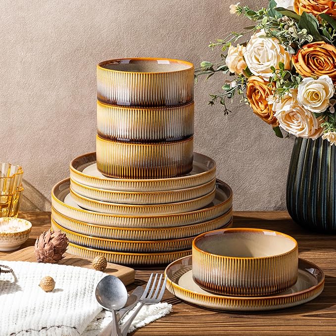 TheTerra Ceramic Dinnerware Sets for 6, 18 Pieces Porcelain Lightweight Plates and Bowls Sets, Scratch Resistant Dish Set, Oven & Microwave & Dishwasher Safe, Creamy Amber