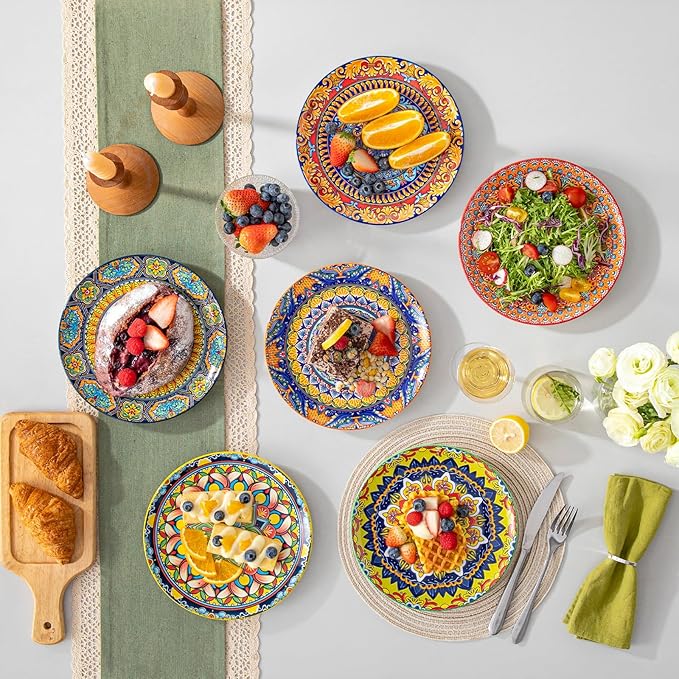 vancasso Colorful Dessert Plates Set of 6, 8.5 Inch Ceramic Salad Plates, Boho Small Dinner Plates, Bohemian Printed Kitchen Plate for Breakfast, Microwave & Dishwasher Safe Dishes, Series KRVI