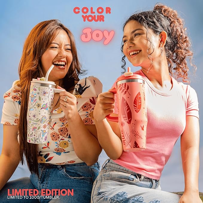 32 Oz Insulated Stainless Steel Tumbler with Handle and Straw lid | Limited Edition | Ceramic Lined Interior | Leak-proof | Travel Mug for Hot/Cold Drink | Carrying Bag Gift Flora Breeze