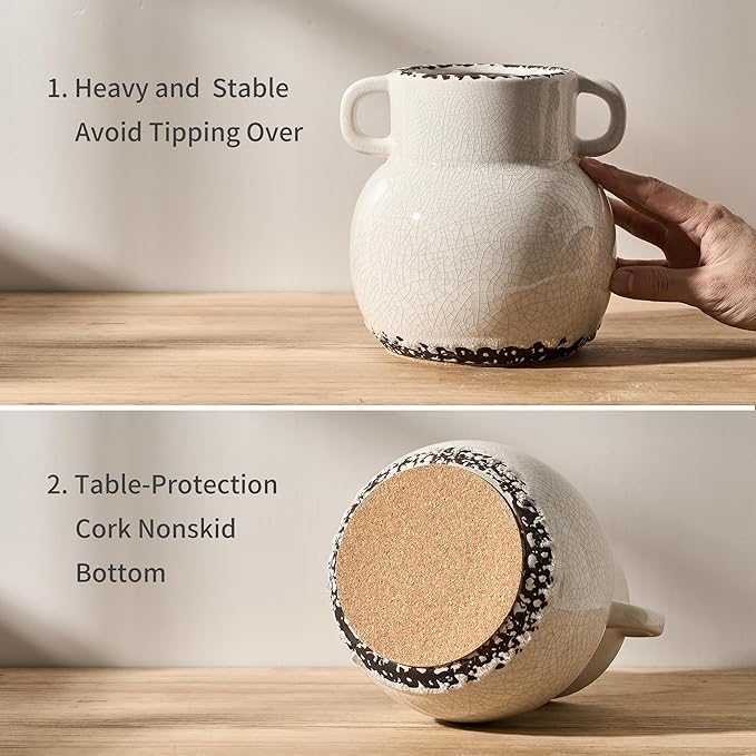 JIEMEI HOME Kitchen Utensil Holder with Handle, 6.85" Ceramic Farmhouse Stable Utensil Crock for Countertop, Utensil Organizer with Cork Bottom, Spatula Holder For Kitchen Decor, White