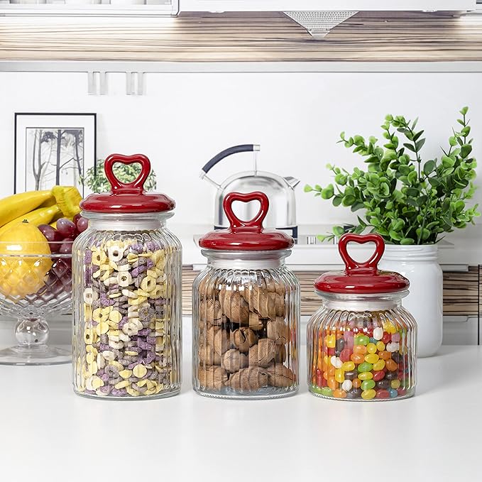 Hyperspace Set of 3 Decorative Glass Kitchen Canister Set, Cookie Jar, Food Storage Containers, Bathroom Jars, with Airtight Ceramic Lid for Kitchen and Bathroom, Red Heart Handle