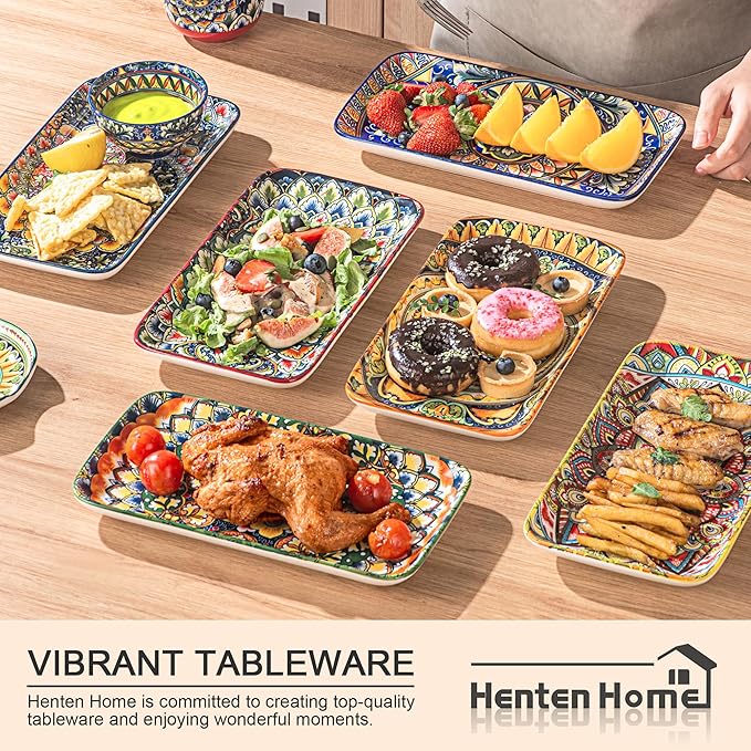 Henten Home Ceramic 10 Inch Salad Plates, Porcelain Rectangular Dessert Plate Set of 6, Bohemian Serving Dishes for Sushi, Pasta, Appetizer, Microwave & Dishwasher Safe