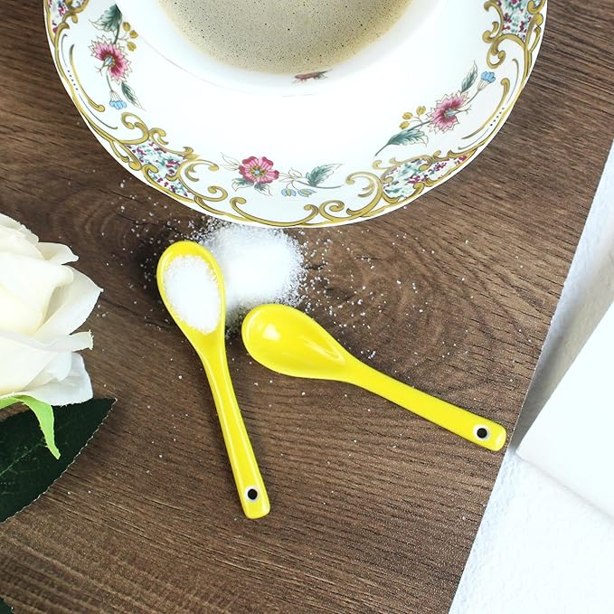 Mini Spoons for Spices, Ceramic Spoon 3.5 inch for Spice Jars, Espresso Spoons, Small Seasoning Spoon for Salt, Coffee, Sugar, Powder and Pepper (Yellow spoon A set of 4)