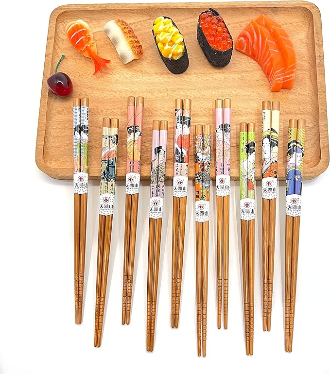 10 Pairs Reusable Bamboo Chopsticks, Edo Period Lady Pattern Natural Bamboo Wood Chopsticks, 8.8Inch/22.5cm Polybag packing by LANHUTHS