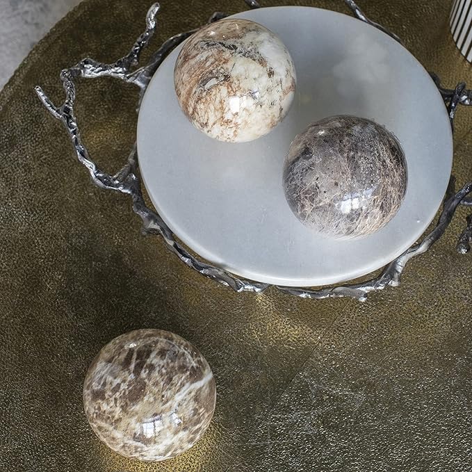 A&B Home Tan Decorative Marble Balls - Flat Base Table Centerpieces Beige Marbleized Ball with Flat Side, Set of 6 Ceramic Spheres, 4 inch