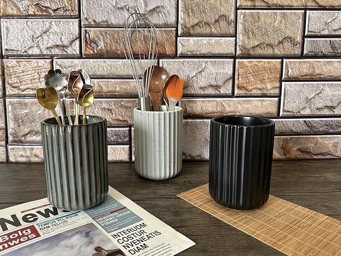 Stoneware Coffee Bar Utensil Holder Tea & Coffee Spoon & Stirrer Holder for Stir Stick Straw Teaspoon Holder Spoon Cup Small Utensil Jar Fluted Vertical Stripe (Blue Grey)