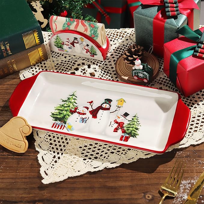 Joeyan Christmas Ceramic Dinner Plates,13.9" Xmas Serving Plate Dishes with Festive Holiday Snowman and Tree Patterns,Dinnerware for Dessert Salad Appetizer,Microwave and Dishwasher Safe